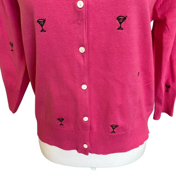 SML Design Cardigan Size Large Pink Martini Emblem Silk Blend Crop Black Ribbon - Picture 3 of 9
